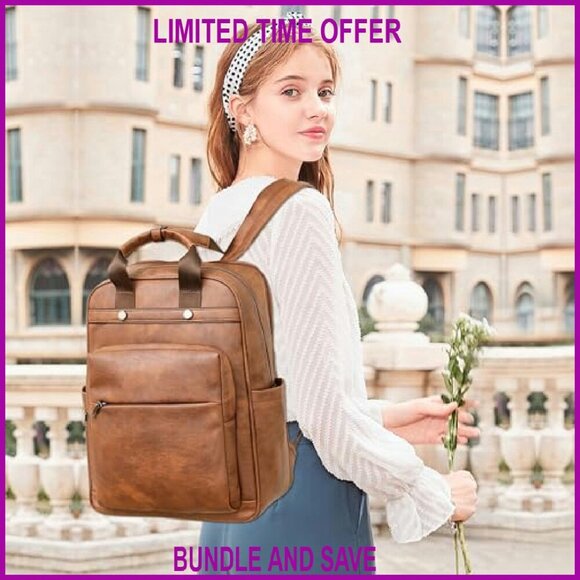 Leather Laptop Backpack for Women 15.6 Inch Work Travel College Bag main image 4